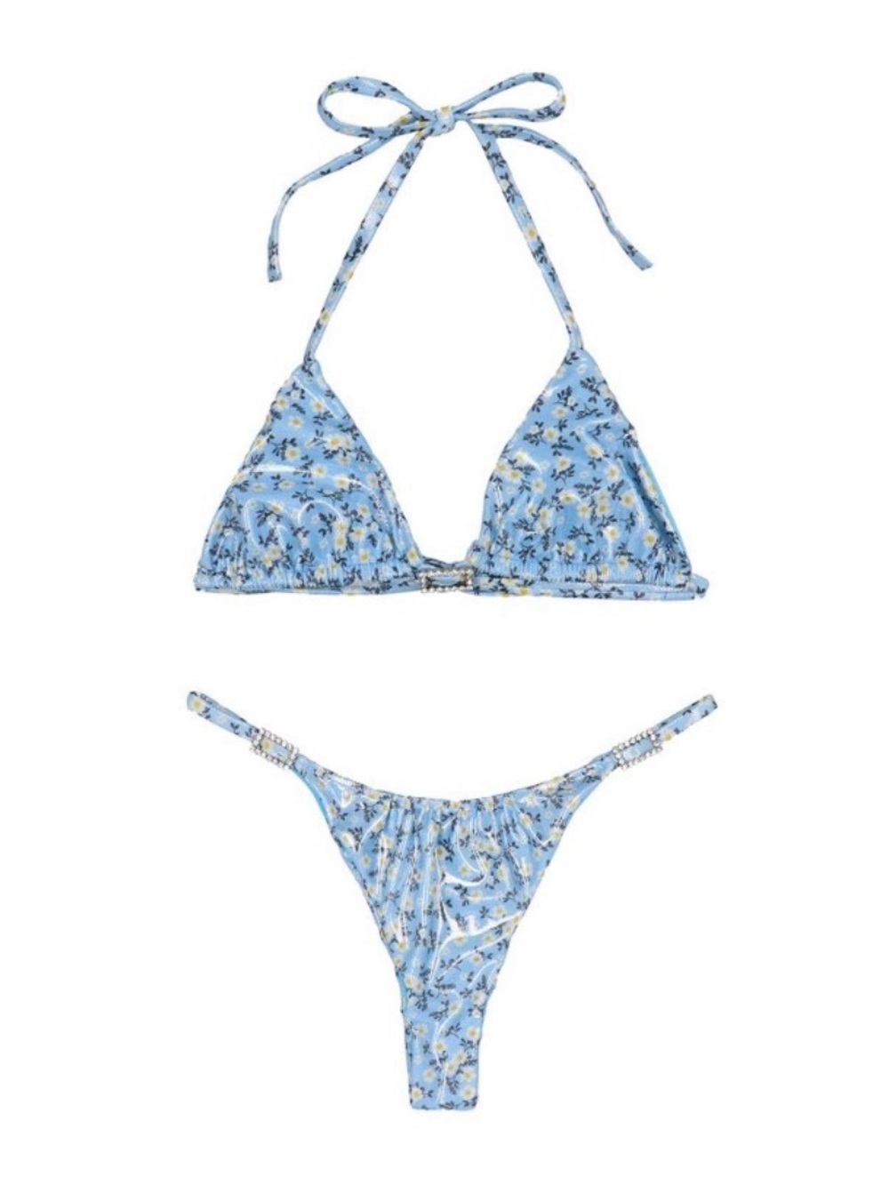 Alessandra Rich Sky Blue Floral Swim Top with Yellow Accents
